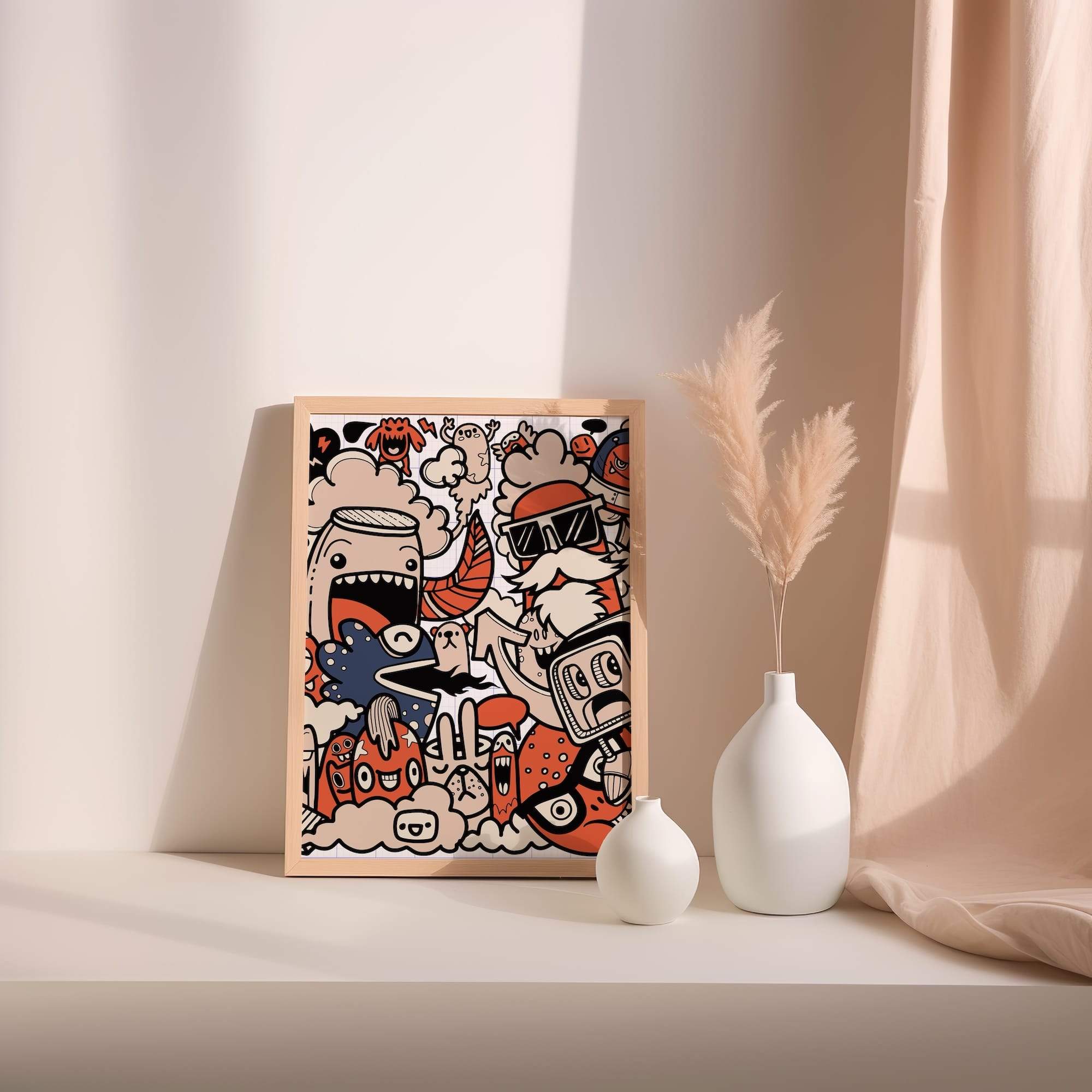 Notebook Doodle Art Red And Beige Cartoon Bold Lines Matte Poster Print - Image 2