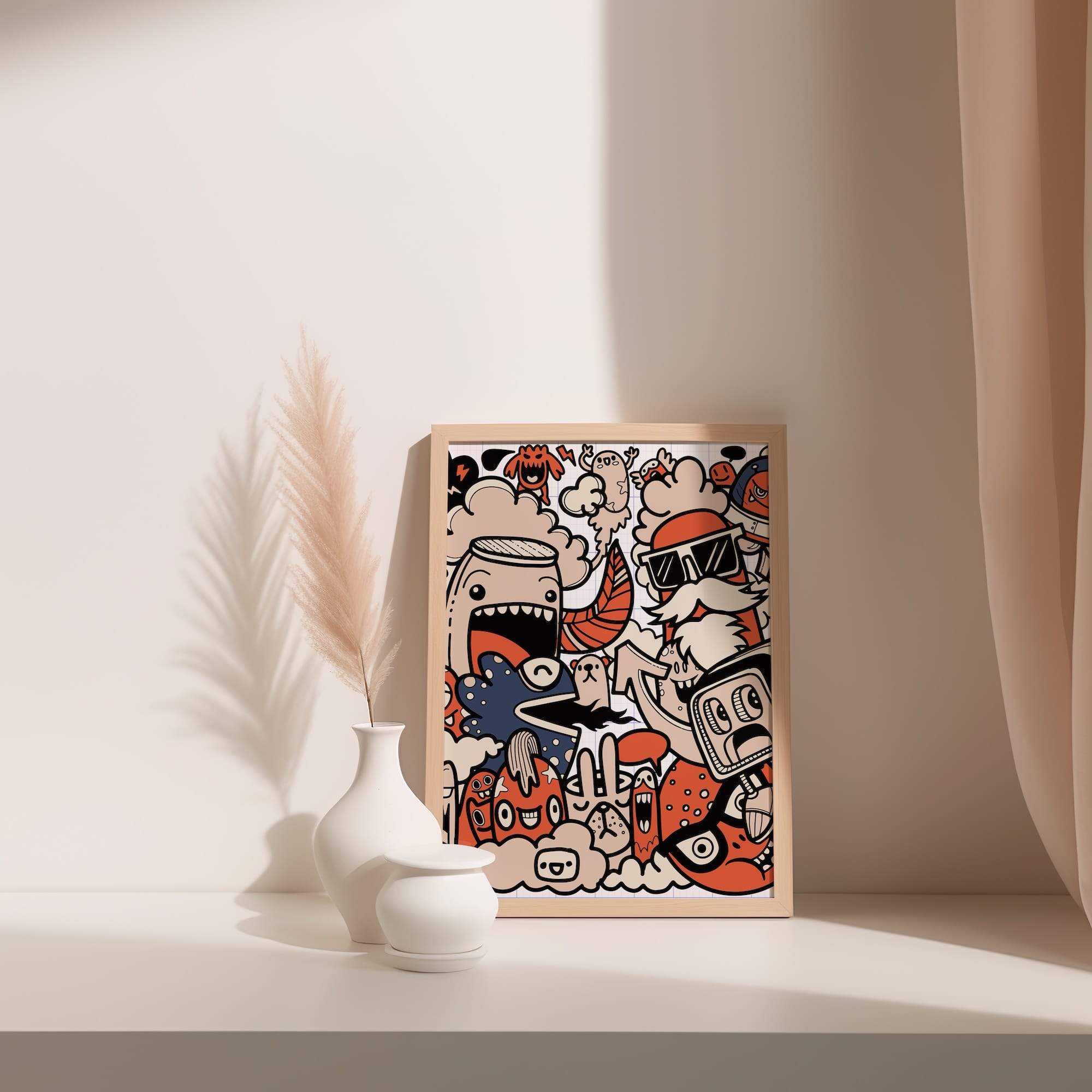 Notebook Doodle Art Red And Beige Cartoon Bold Lines Matte Poster Print - Image 3