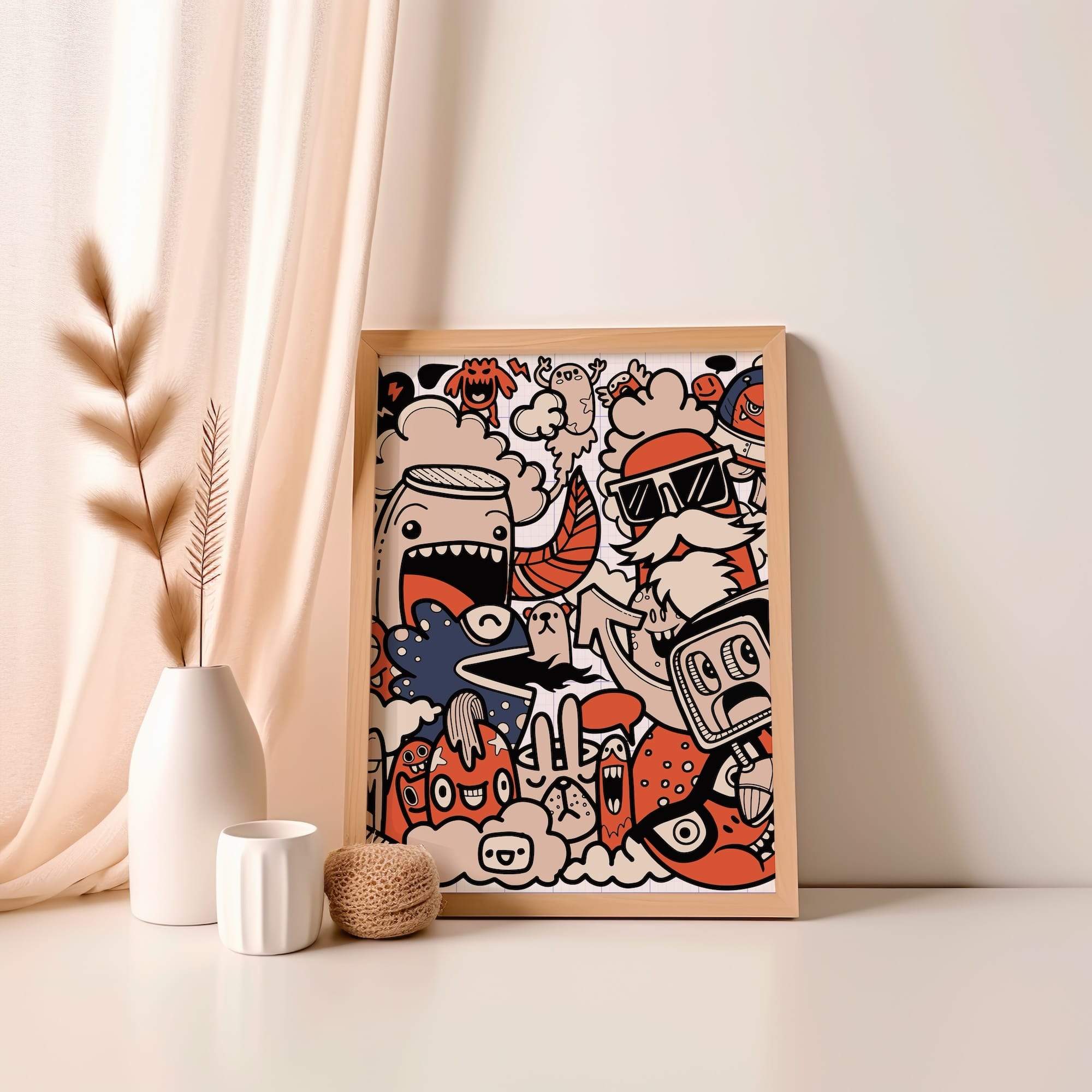 Notebook Doodle Art Red And Beige Cartoon Bold Lines Matte Poster Print - Image 4