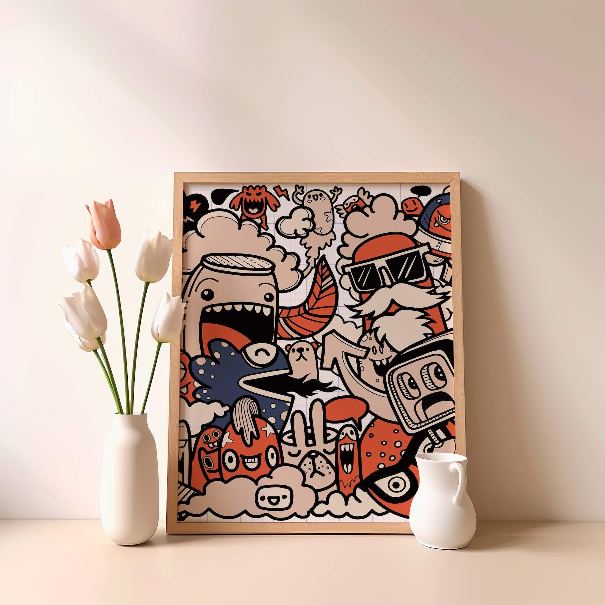 Notebook Doodle Art Red And Beige Cartoon Bold Lines Matte Poster Print